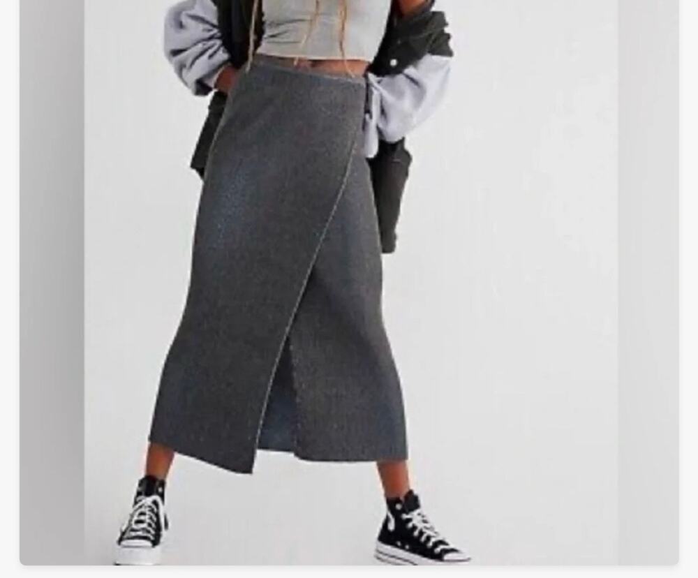 Free People Midi Wrap Skirt Charcoal Knit Womens Small